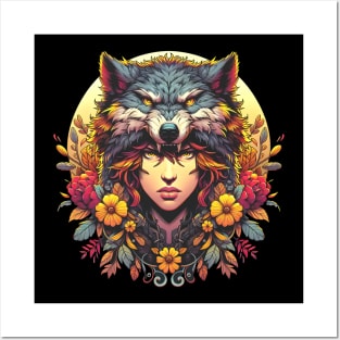 Wild Wolf Woman in Headdress Posters and Art